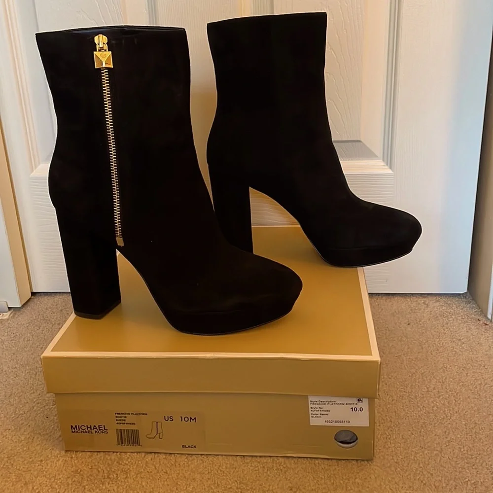 Michael Kors Black Suede Platform Ankle Boot with Gold Zip Accent